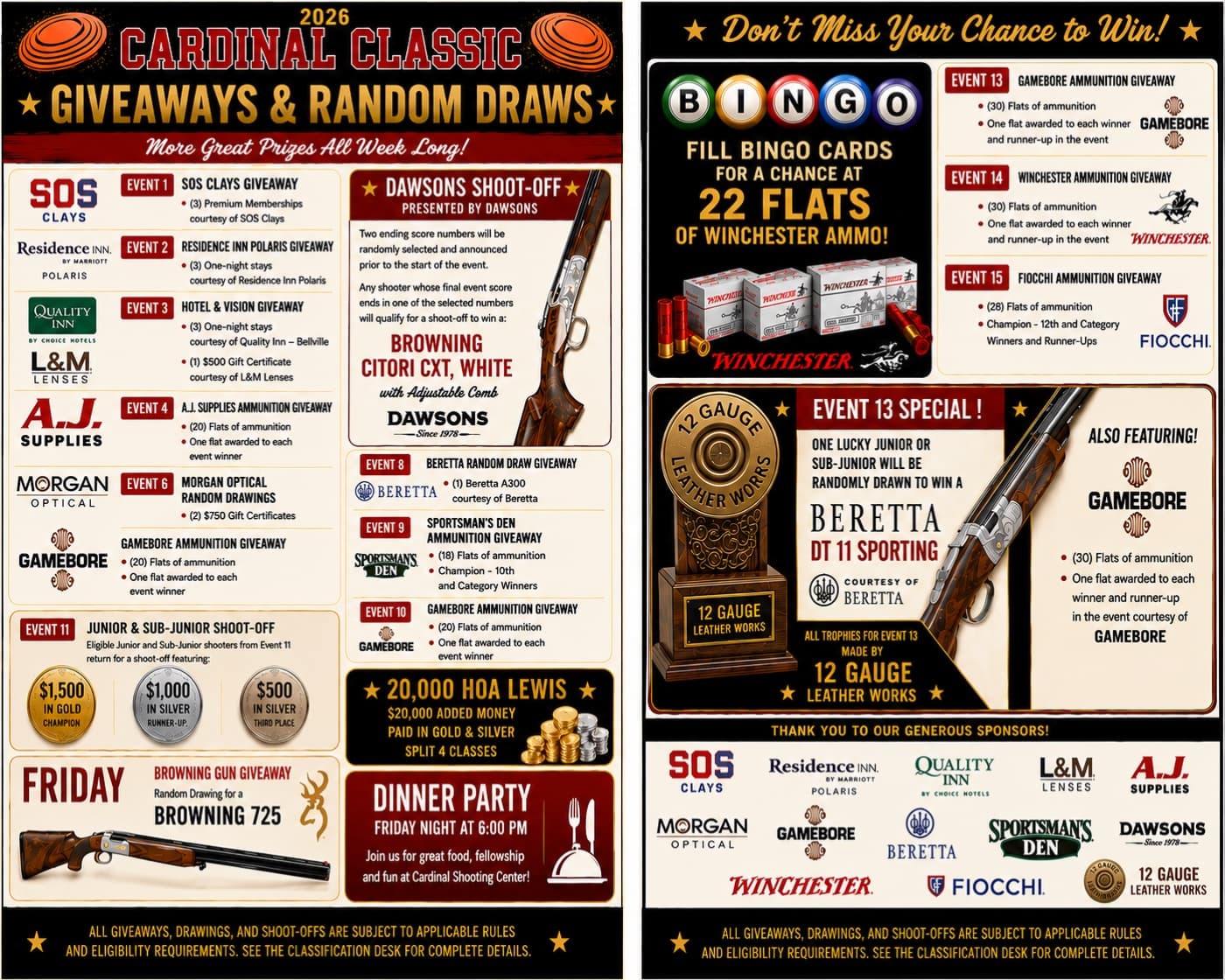 Cardinal Classic 2026 giveaways and random draws, including the $20,000 HOA Lewis option, ammunition giveaways, junior and sub-junior shoot-off, dinner party, and the full sponsor list