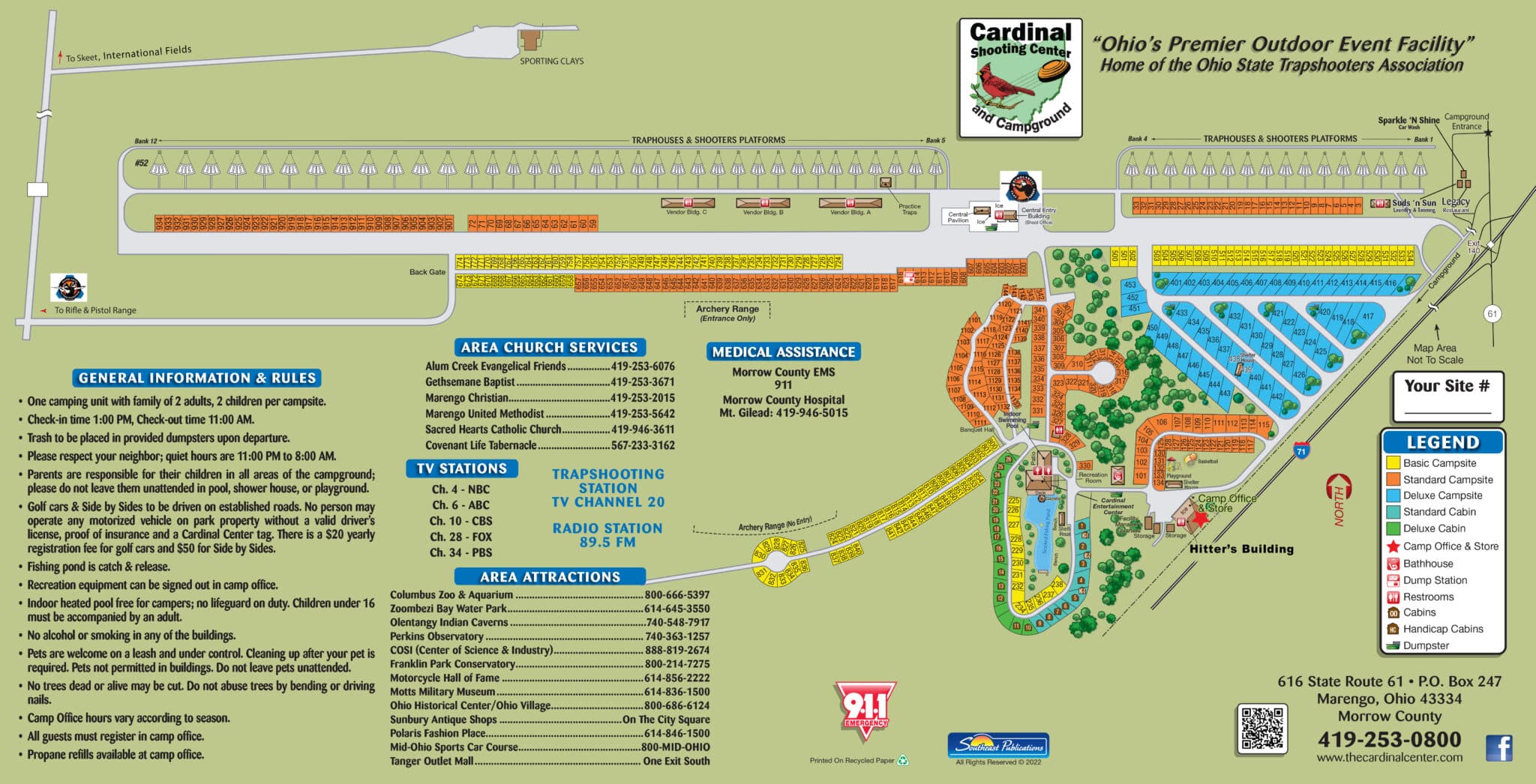 Campground Map showing campsite locations, cabins, amenities, legend, and general information